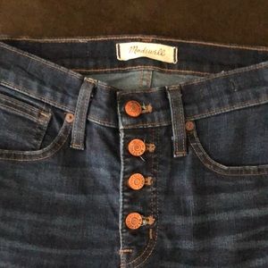 Madewell skinny jeans, high rise! I frayed the bottom.